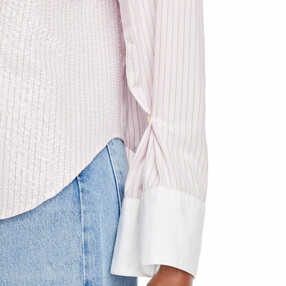 NWT Derek Lam 10 Crosby Wesley Sequined Striped Cotton Shirt Pink $395 - Size M - Picture 5 of 12
